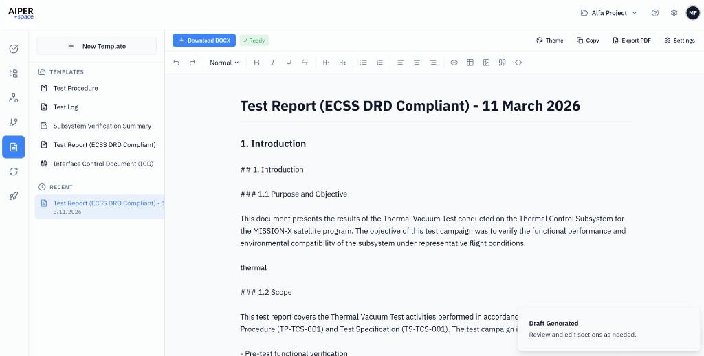ECSS DRD–compliant Test Report in AIPER — generated draft, DOCX/PDF export.