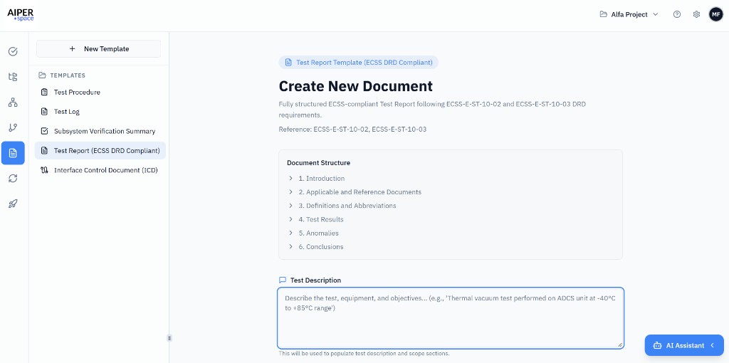 AIPER template selection: Test Report (ECSS DRD Compliant), Test Procedure, Test Log, Subsystem Verification Summary, ICD.