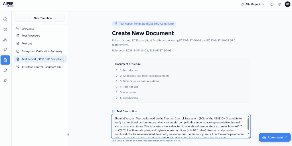 AIPER Test Description input: enter test details to populate the report.